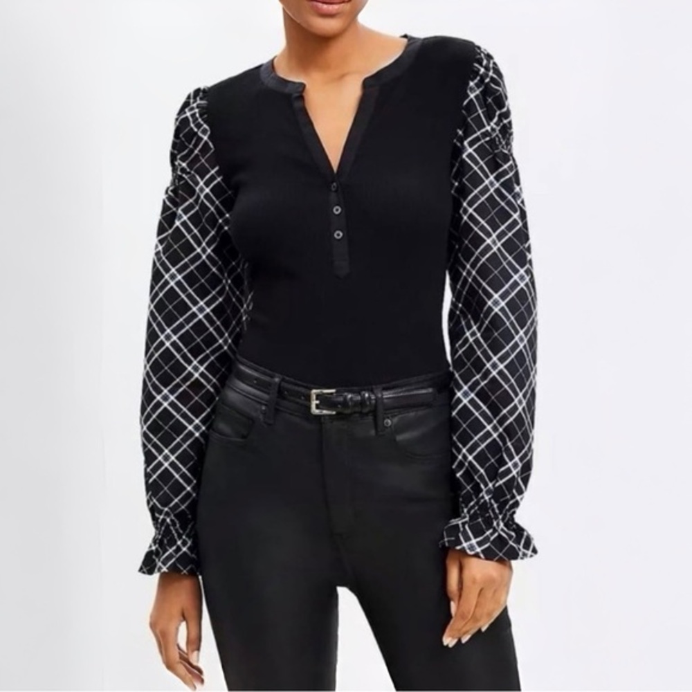LOFT PLAID HENLEY MIXED MEDIA TOP